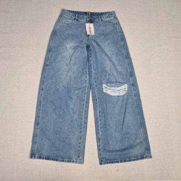 Missguided Denim - Missguided Light Blue Distressed Wide-Leg Jeans